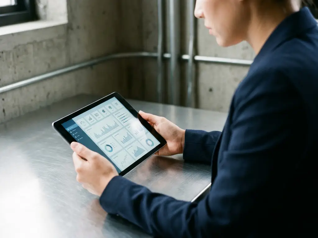 Fachkraft prüft digitales Audit-Dashboard auf leuchtendem Tablet an modernem Industriearbeitsplatz mit Metalloberflächen.