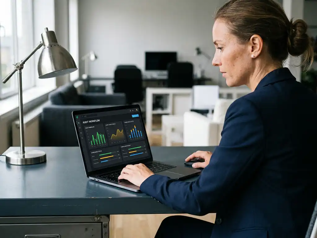 Fachkraft am modernen Schreibtisch arbeitet an einem Audit-Management-Dashboard auf dem Laptop, Büroumgebung in Marineblau und Grau.