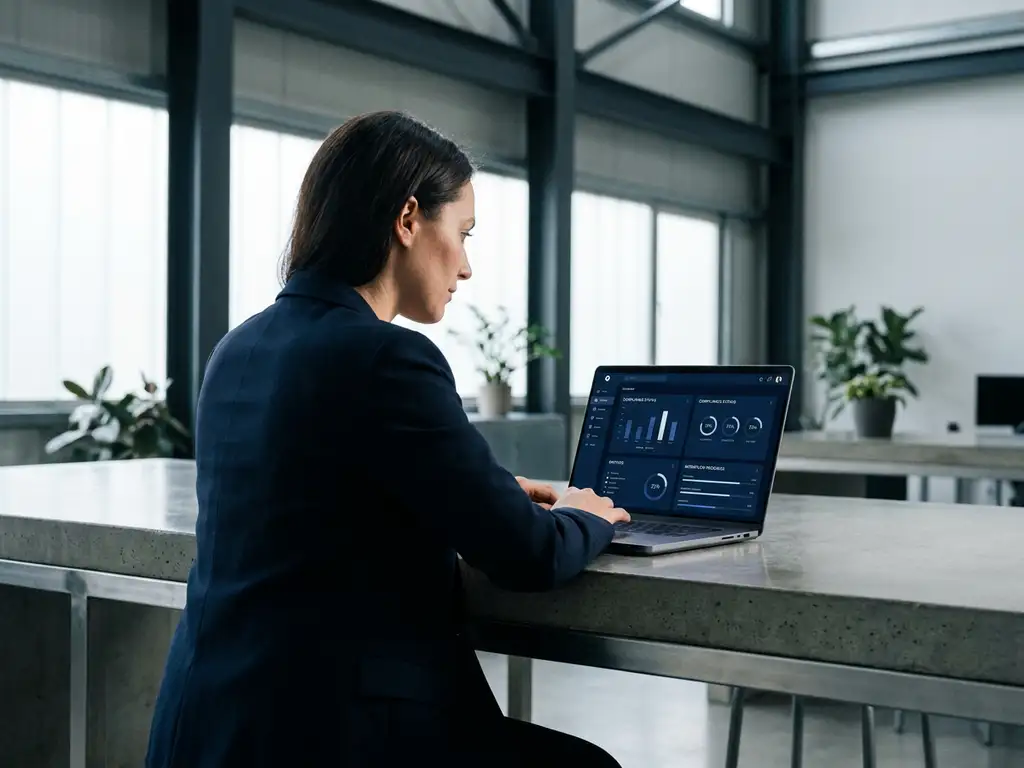 Fachkraft am modernen Schreibtisch arbeitet an einem Laptop mit Audit-Management-Dashboard und Compliance-Diagrammen.