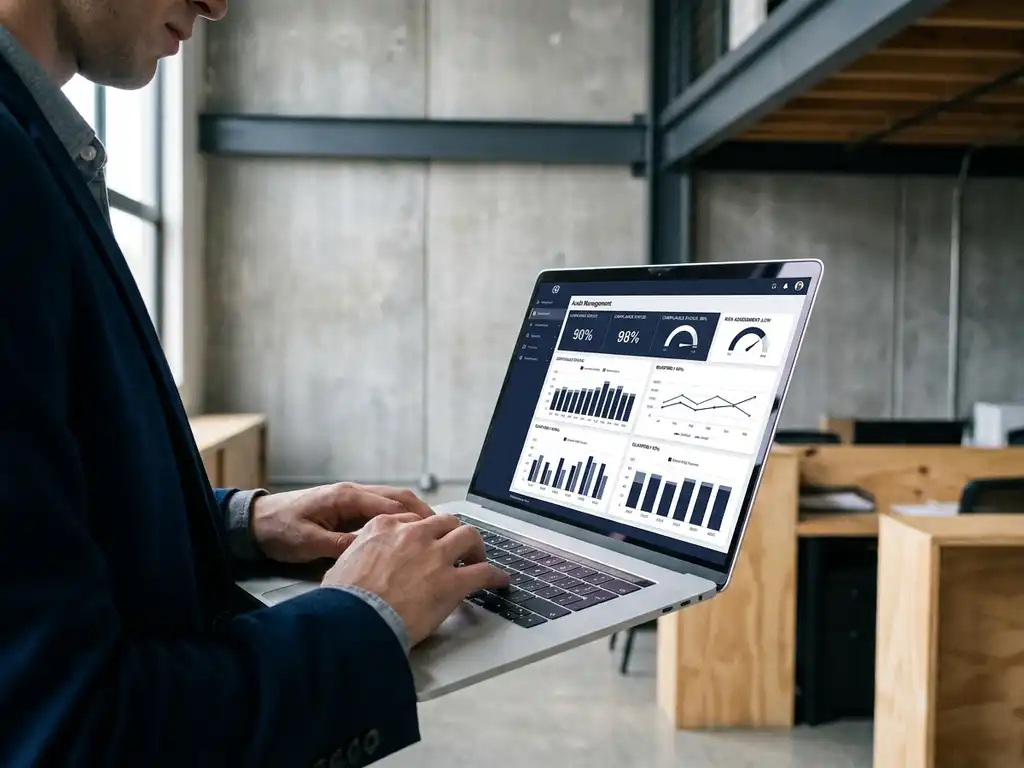 Fachkraft tippt auf Laptop mit Audit-Management-Dashboard, Compliance-Indikatoren und KPI-Charts, modernes Büro im Hintergrund.