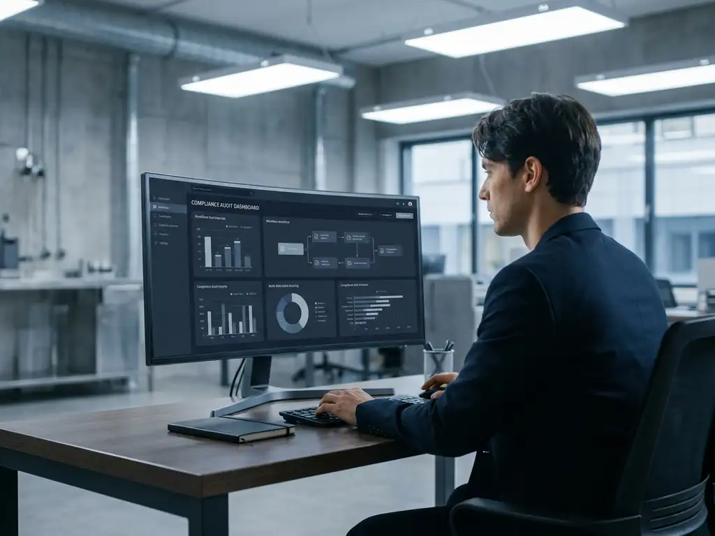 Fachkraft am modernen Arbeitsplatz analysiert Audit-Management-Dashboard mit Compliance-Workflows und KPI-Diagrammen auf großem Monitor.