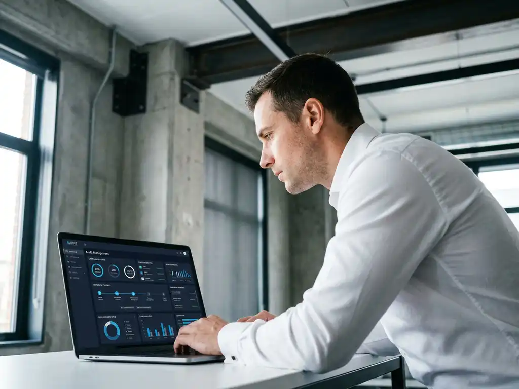Fachkraft im weißen Hemd arbeitet an Laptop mit Audit-Management-Dashboard in modernem Industriebüro.