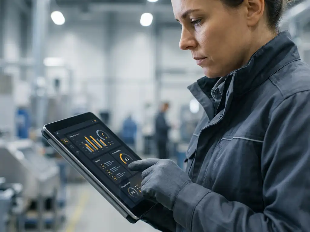 Fachkraft in Industrieanlage prüft HSE-Audit-Dashboard auf Tablet mit Compliance-Indikatoren und Checklisten-Workflows.