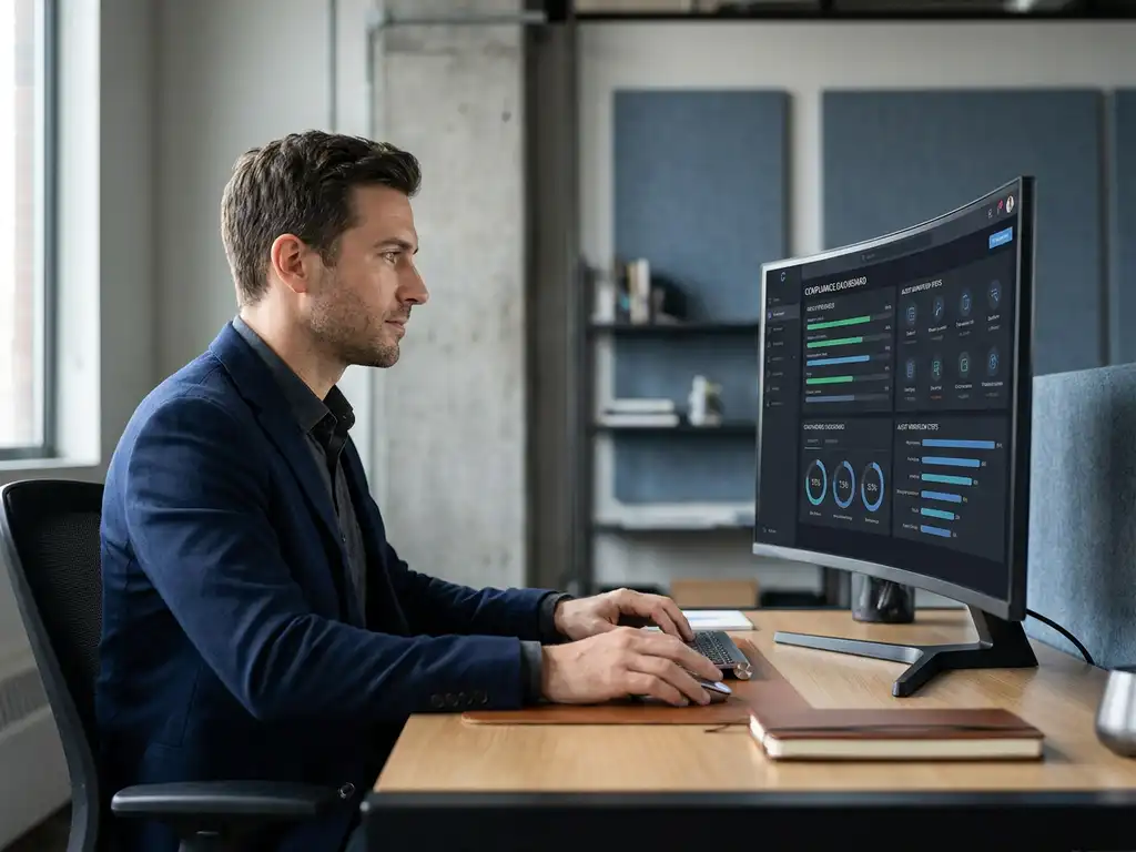 Fachkraft am modernen Arbeitsplatz analysiert Audit-Management-Dashboard mit Compliance-Indikatoren auf großem Monitor.