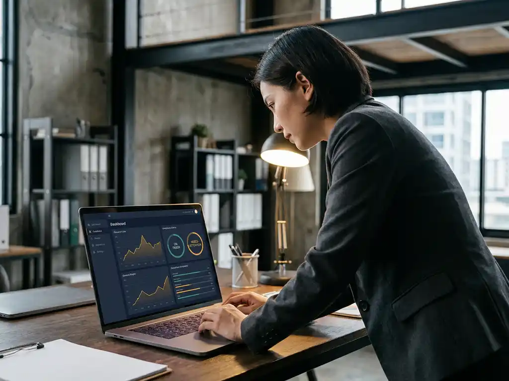 Fachkraft analysiert Audit-Management-Dashboard auf Laptop im modernen Büro, Compliance-Indikatoren in Navy und Amber auf dem Bildschirm.