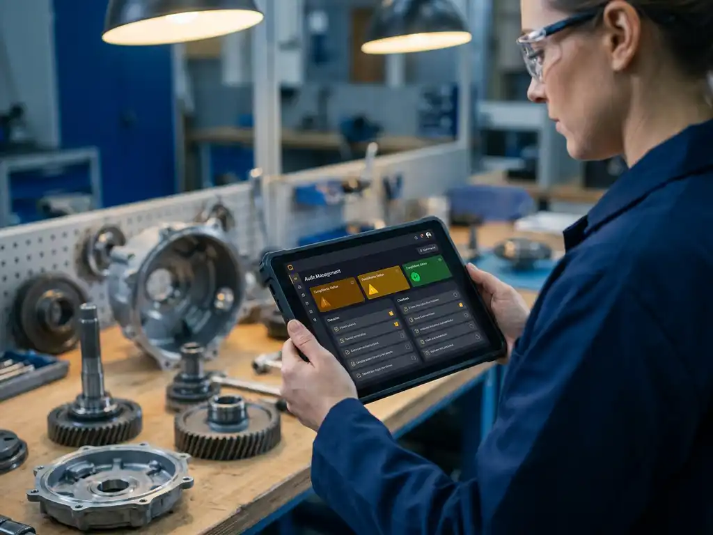 Qualitätsingenieur in Automobilfabrik prüft Audit-Management-Dashboard auf Tablet, Compliance-Indikatoren und Checklisten sichtbar.
