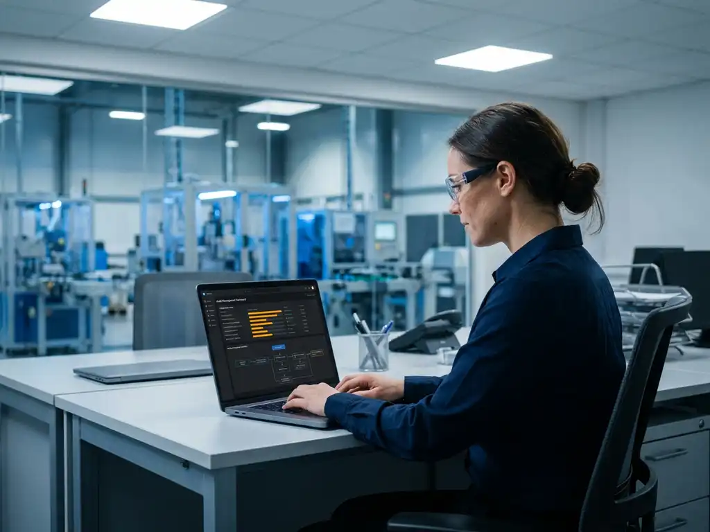 Qualitätsingenieur prüft dunkles Audit-Management-Dashboard auf Laptop, Fabrikhalle im Hintergrund durch Glasscheibe sichtbar.