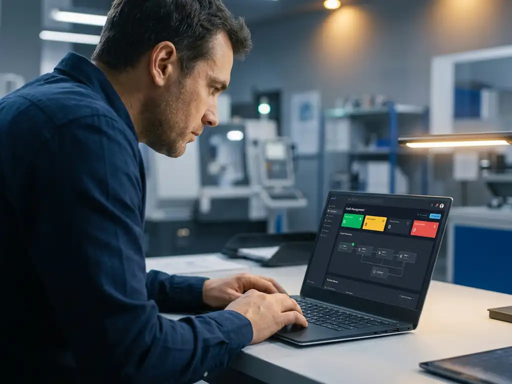 Qualitätsingenieur analysiert Audit-Management-Dashboard auf Laptop in modernem Industriebüro mit Maschinen im Hintergrund.
