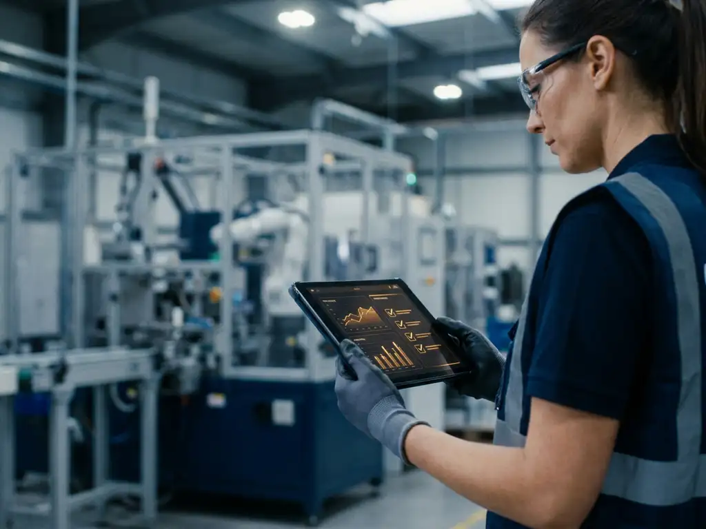 Qualitätsingenieurin in Fabrikhalle hält Tablet mit Audit-Dashboard, industrielle Maschinen unscharf im Hintergrund.