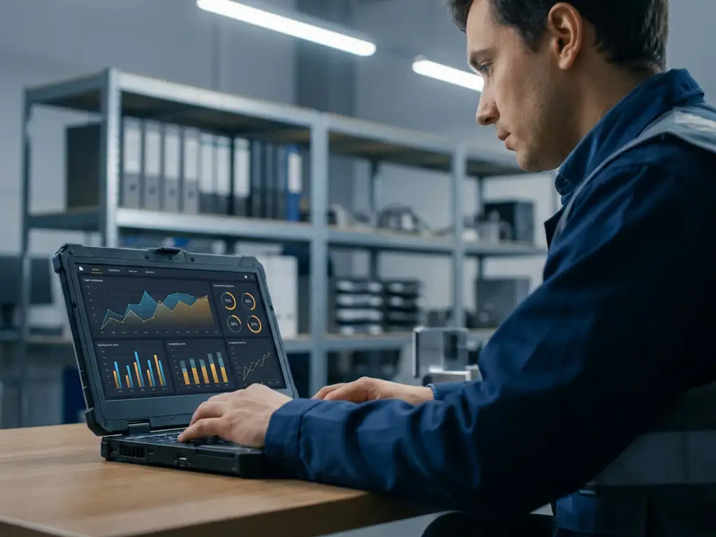 Qualitätsingenieur in Automobilfabrik prüft Audit-Management-Dashboard mit KPI-Diagrammen und Compliance-Indikatoren auf Laptop.