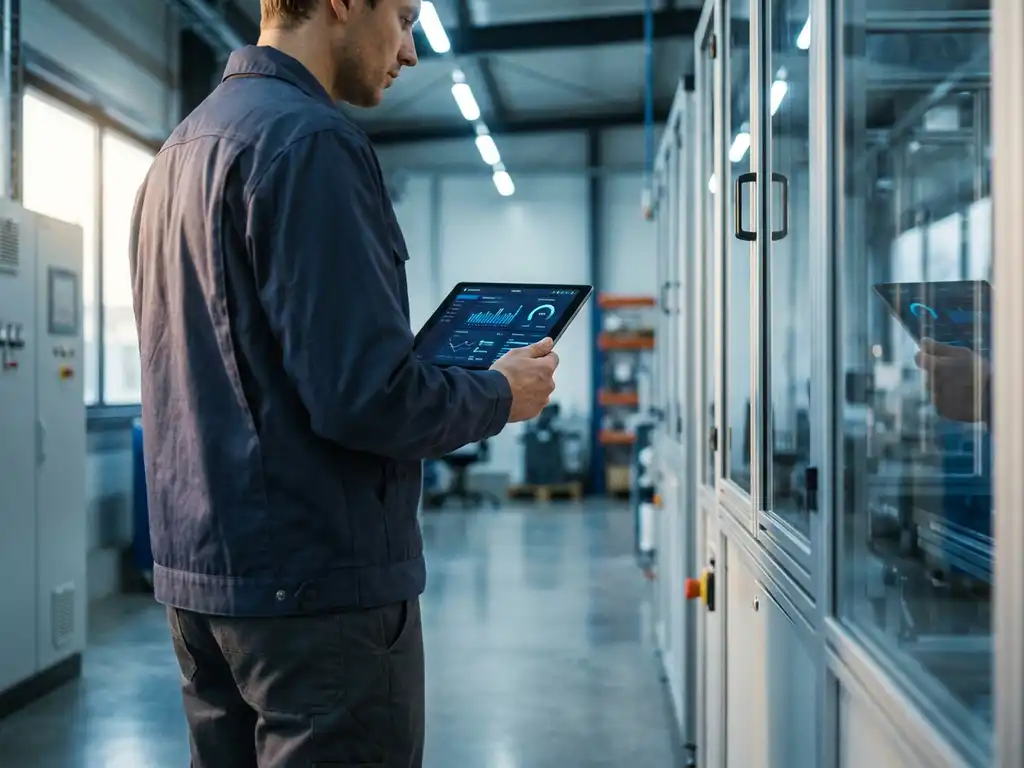 Qualitätsingenieur in moderner Industrieumgebung hält Tablet mit Audit-Dashboard, Compliance-Diagrammen und blau-akzentuierter Benutzeroberfläche.