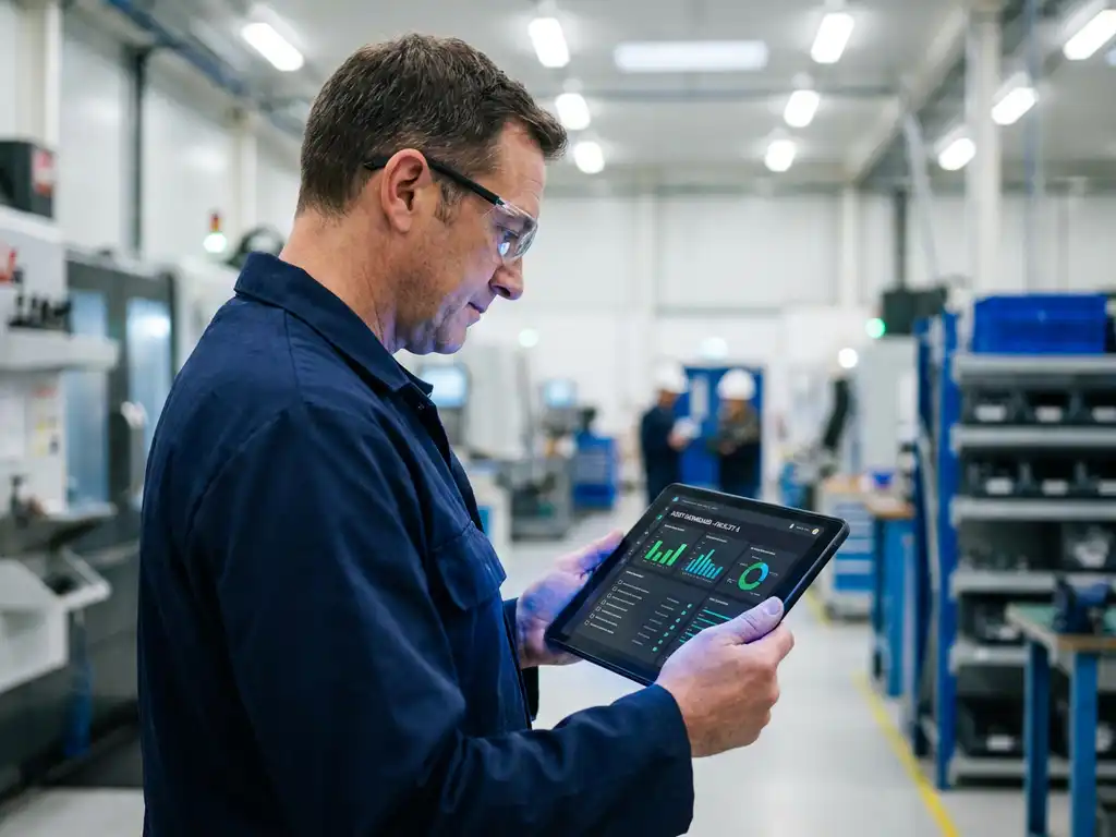 Qualitätsingenieur hält Tablet mit Audit-Dashboard und KPI-Diagrammen in moderner Industrieanlage.