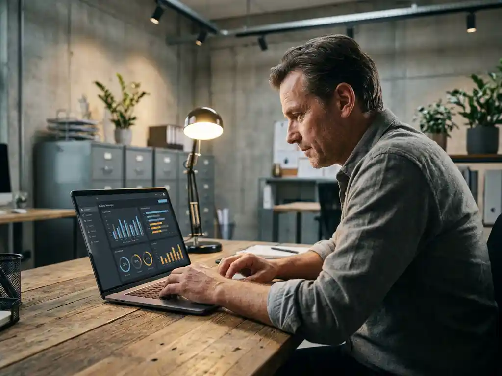 Qualitätsmanager analysiert Audit-Management-Dashboard mit Compliance-KPIs auf Laptop in modernem Industriebüro.