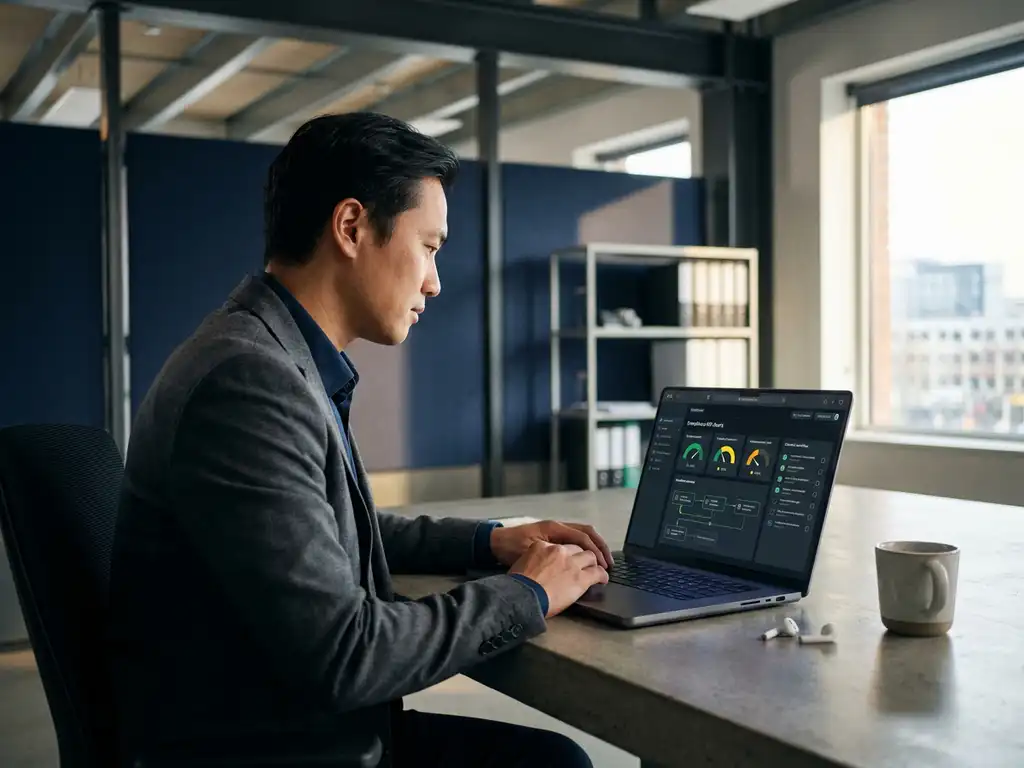 Qualitätsmanager analysiert Audit-Dashboard mit Compliance-KPIs und Checklisten-Workflows auf modernem Laptop im Industriebüro.