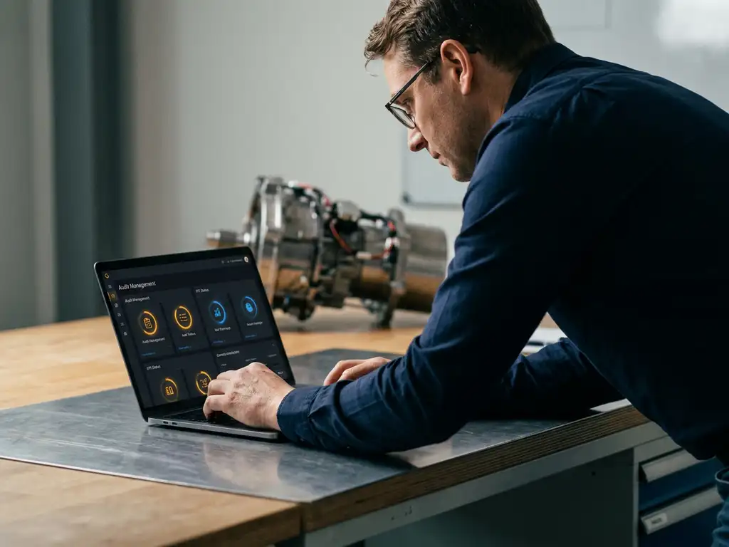 Qualitätsmanager prüft Audit-Dashboard mit KPI-Indikatoren auf Laptop, unscharfe Industriekomponente im Hintergrund.