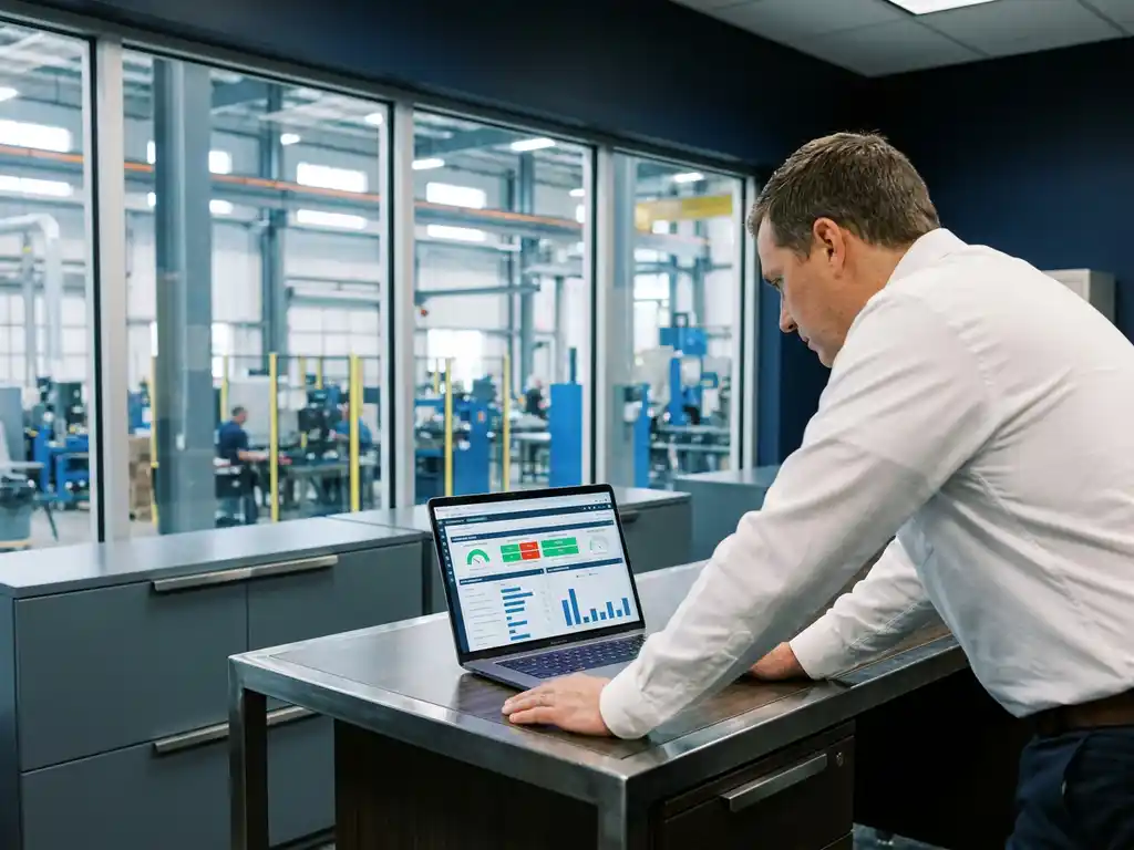 Qualitätsmanager im weißen Hemd analysiert digitales Audit-Dashboard auf Laptop, moderne Industrieanlage im Hintergrund.