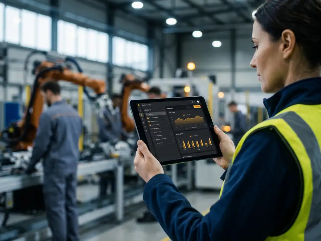 Qualitätsmanager in Industrieanlage hält Tablet mit Audit-Dashboard und Compliance-KPIs, unscharfe Montagelinie im Hintergrund.
