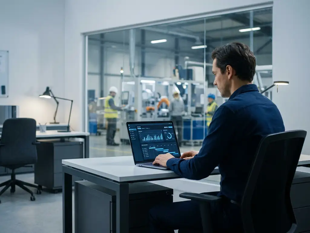Qualitätsmanager analysiert Audit-Dashboard mit KPI-Diagrammen auf Laptop, Fabrikhalle im Hintergrund sichtbar.