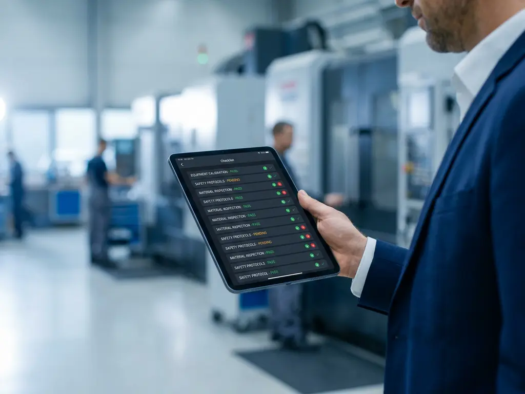 Qualitätsmanager hält Tablet mit digitalem Audit-Dashboard in moderner Industrieumgebung, Fabrikhalle unscharf im Hintergrund.
