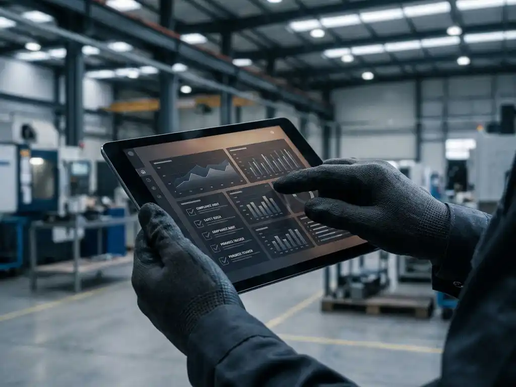 Hände eines Fachmanns bedienen ein Tablet mit Audit-Dashboard und Compliance-Diagrammen in einer modernen Industrieumgebung.