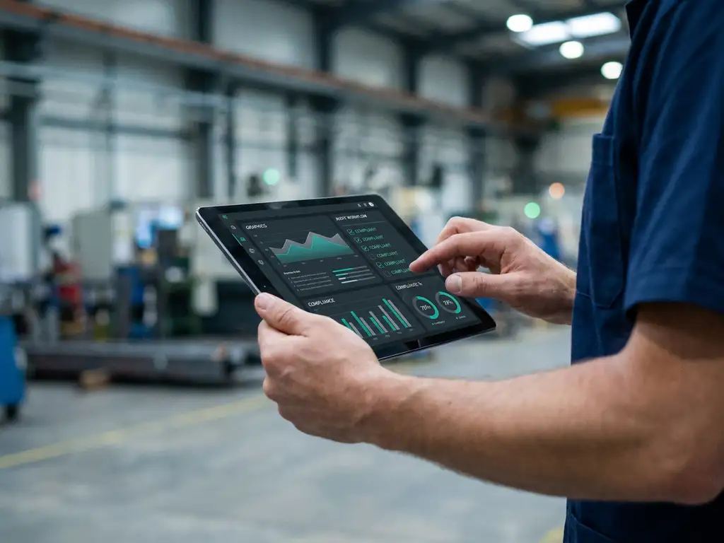 Hände eines Fachmanns bedienen ein Tablet mit dunklem Audit-Dashboard, Compliance-Diagramme und Checklisten, Fabrikhalle im Hintergrund.