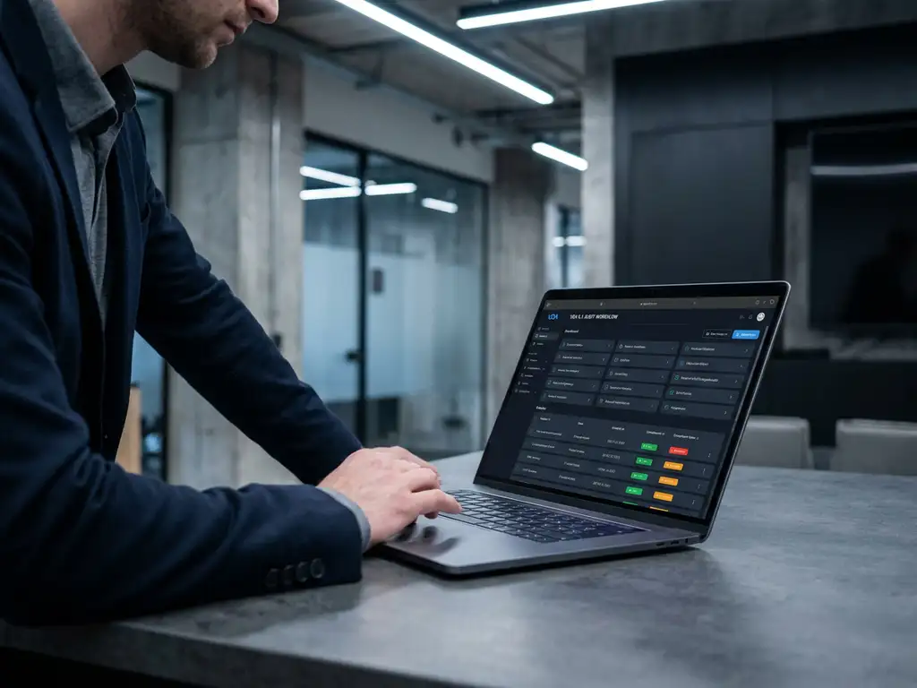 Fachkraft überprüft VDA-Audit-Workflow auf Laptop mit dunklem Compliance-Dashboard in modernem Industriebüro.