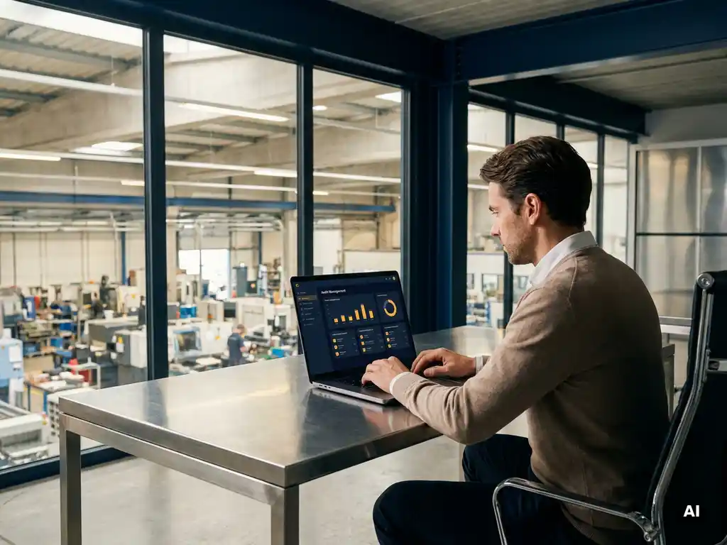 Fachkraft analysiert Audit-Management-Dashboard mit Compliance-Karten und KPI-Diagrammen auf Laptop vor Fabrikhalle.