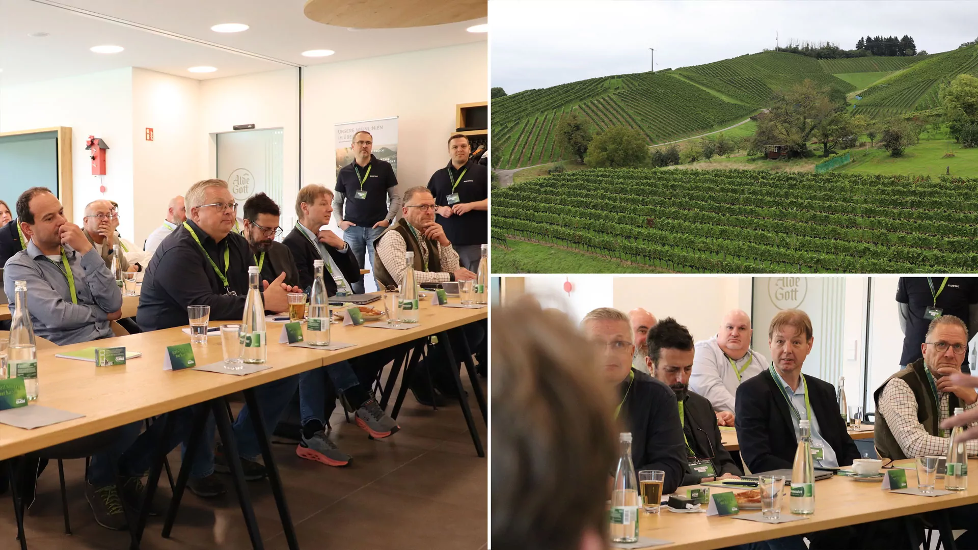 Bildcollage der Teilnehmenden und der Weinberge bei der Anwendertagung der cluetec Audit Software.