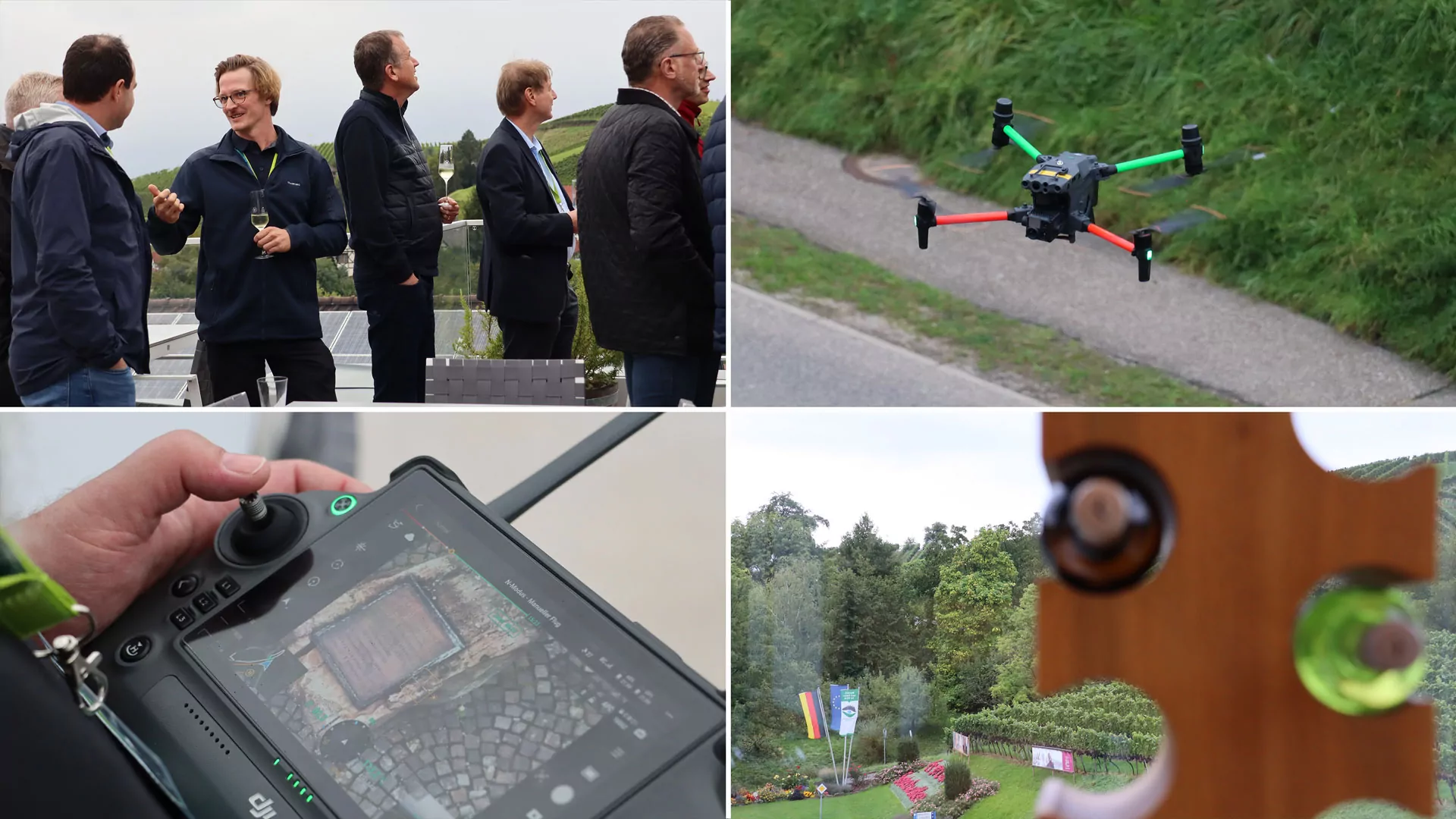 Bildcollage der Teilnehmenden und des Drohnenfluges bei der Anwendertagung der cluetec Audit Software.