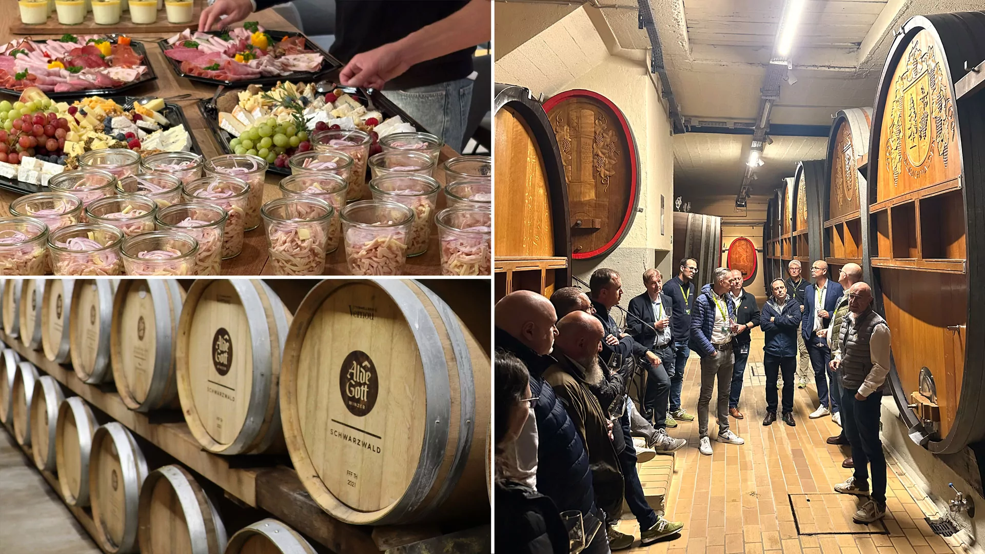 Bildcollage der Teilnehmenden, des Weinkellers und des Buffets bei der Anwendertagung der cluetec Audit Software.