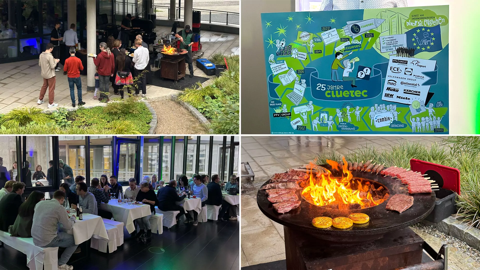 Impressionen vom 25-jaährigen Jubiläum der cluetec. Grillstation, cluetecs Weg und Gäste der Feier.