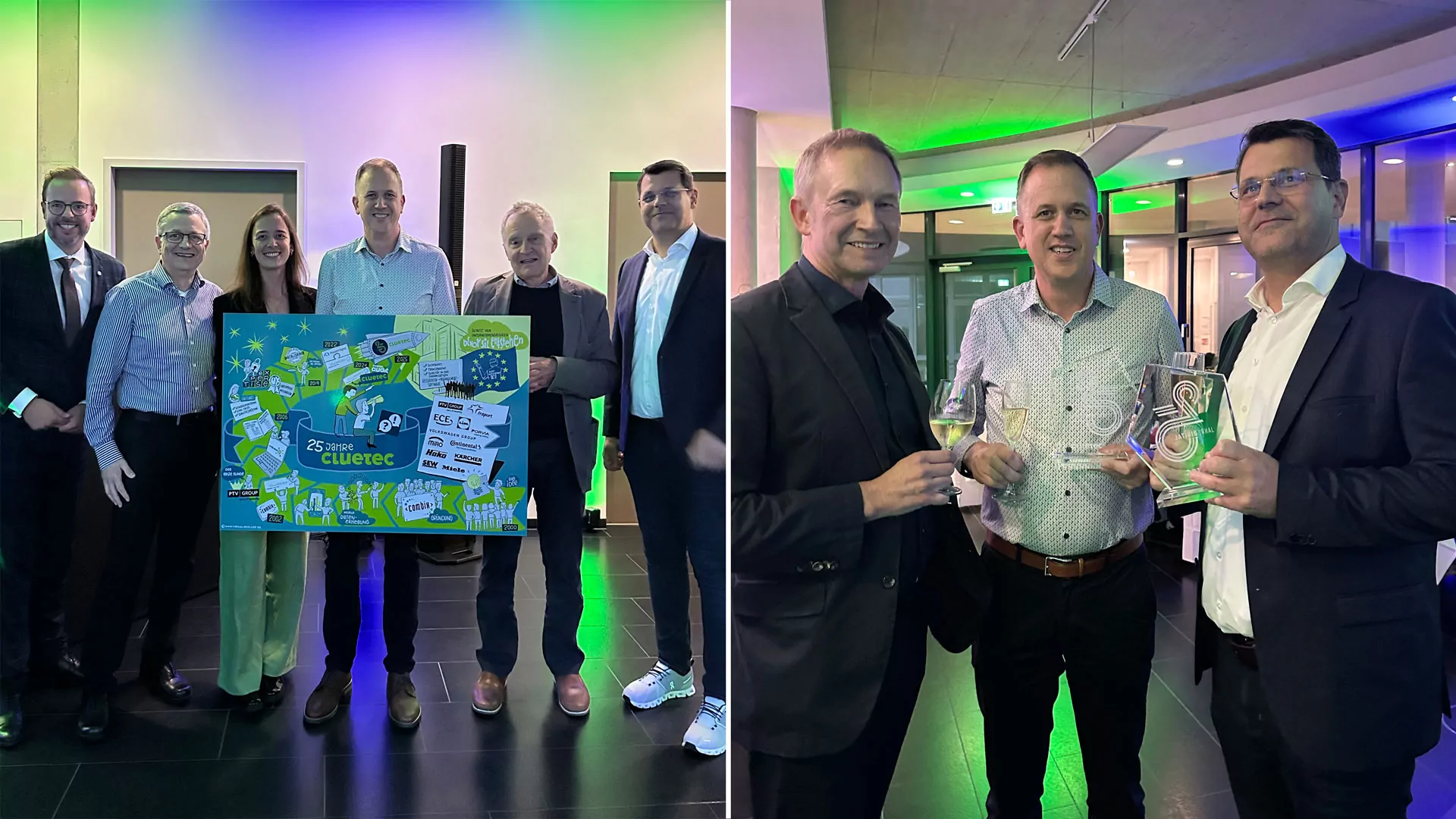 Impressionen vom 25-jährigen Jubiläum der cluetec. Dankesrede von Possehl Digital und Pokalübergabe an die Gründer.